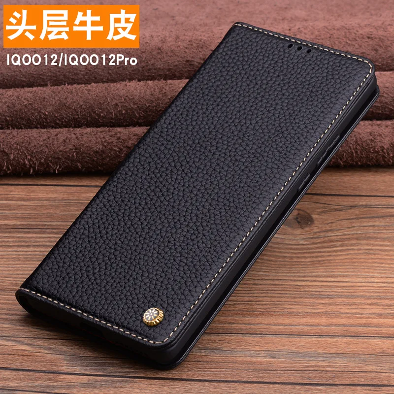 Wobiloo Luxury Genuine Leather Wallet Cover Business Phone Case For Vivo Iqoo12 Iqoo 12 Pro Cover Credit Card Money Slot Holste