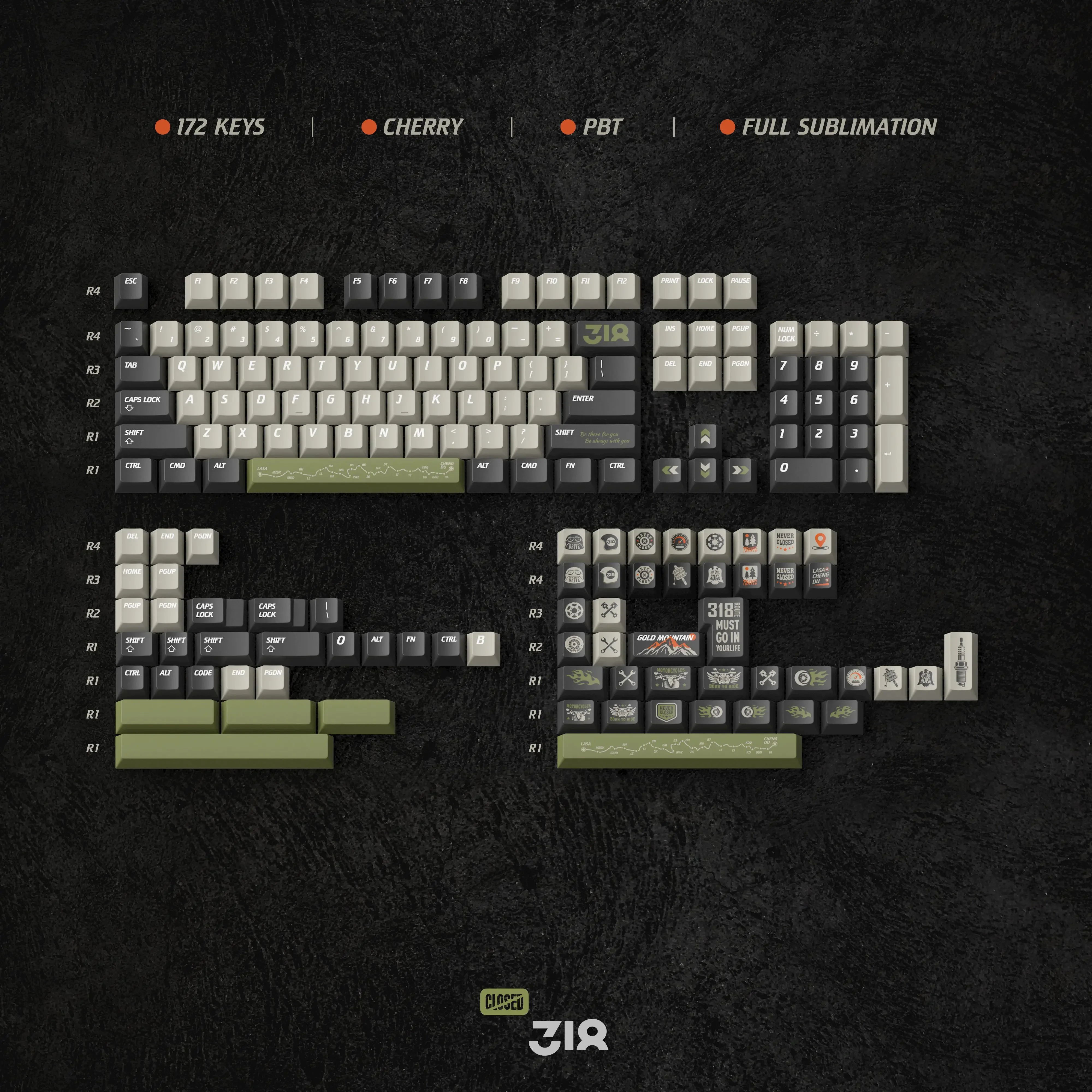 Original Highway Keycap-318 Tema-Original 172 teclas PBT teclado mecânico de sublimação de cinco lados