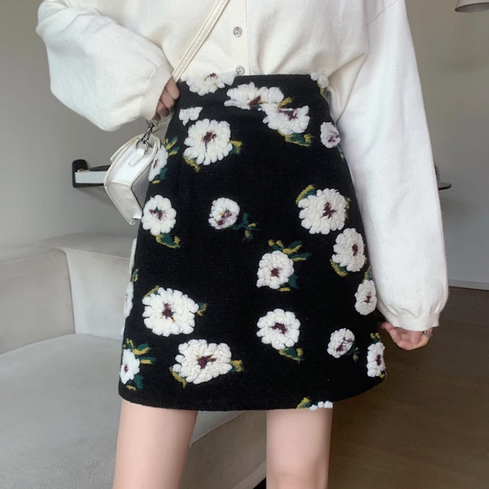 

3D Floral Woolen Skirt Black Autumn Winter A-line Skirt Fashion Temperament High Waist Bodycon Skirt Slim Fit Short Skirt