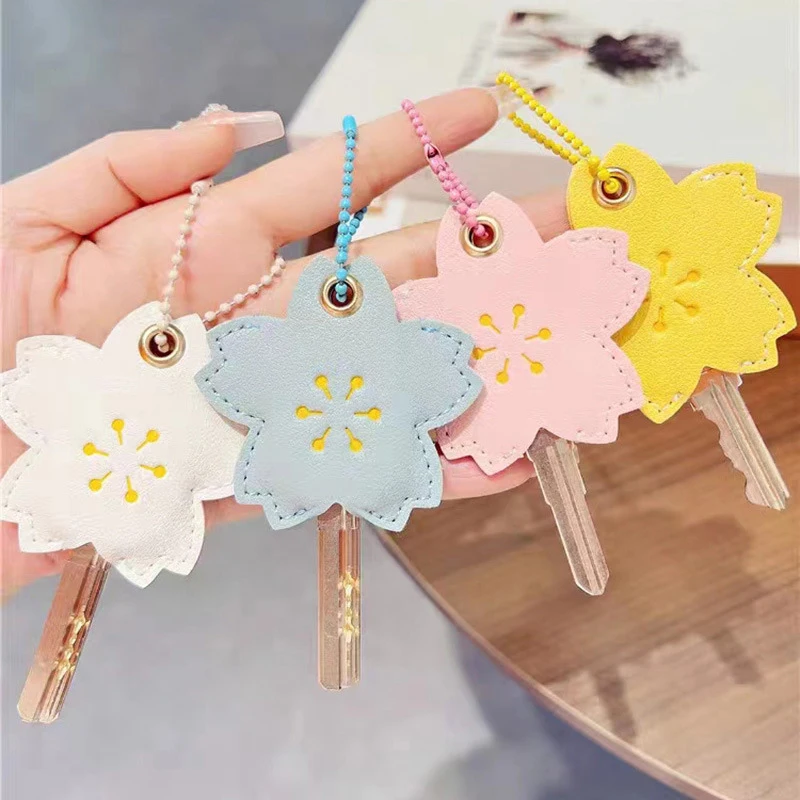 Kawaii Flower Shaped Mini Key Case Keychain PU Leather Water Drop Access Card Keyring for Girl Women Key Protective Cover Holder