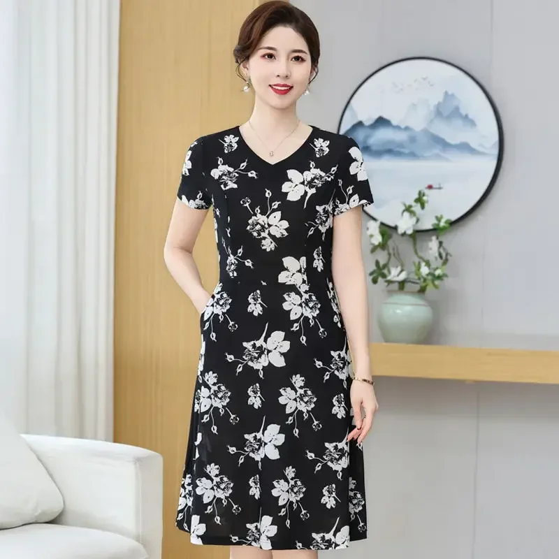 Fashion Senior Mature Grace Temperament Generous Fragmented Flowers Simplicity V-neck Short Sleeved Women's Dress Summer 2024