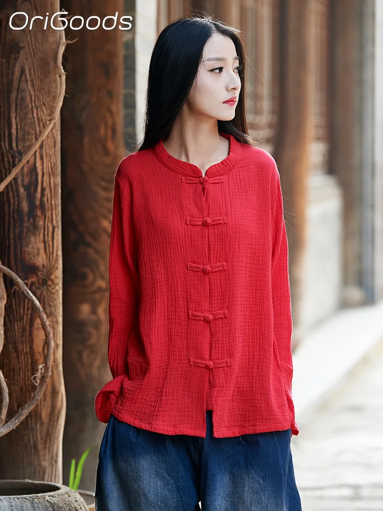 

OriGoods Chinese Style Long Sleeve Shirts for Women Cotton National Style Vintage Shirt Red White Black Spring Autumn Tops B078