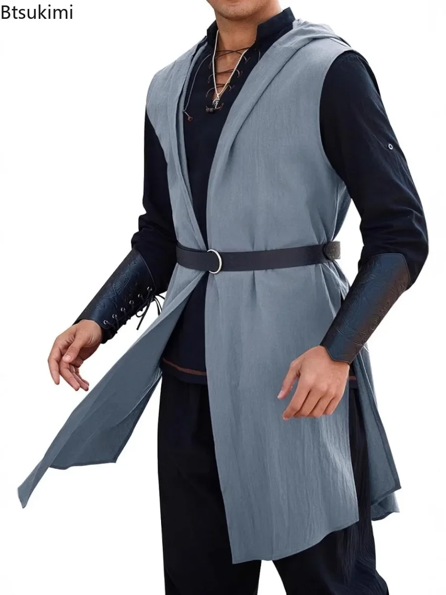 Medieval Renaissance Hooded Cloak Viking Knight Warrior Role-playing Sleeveless Top Halloween Party Stage Performance Costume