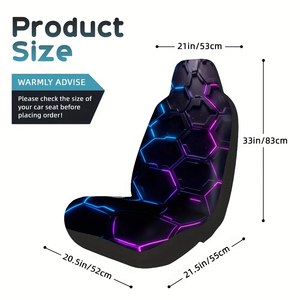 2pcs, Modern Hexagon Abstract Dark Gradient Neon Print Front Seat Covers, Durable And Soft, Universal Fit For Front Seats, Ideal