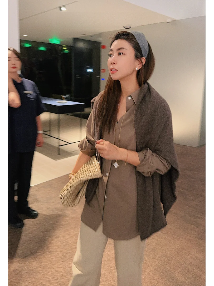 

BaAtOne Luxury Coffee Color Long Sve Smooth Fine White Button irt Women's Casual Sle Wool Blend Spring irt
