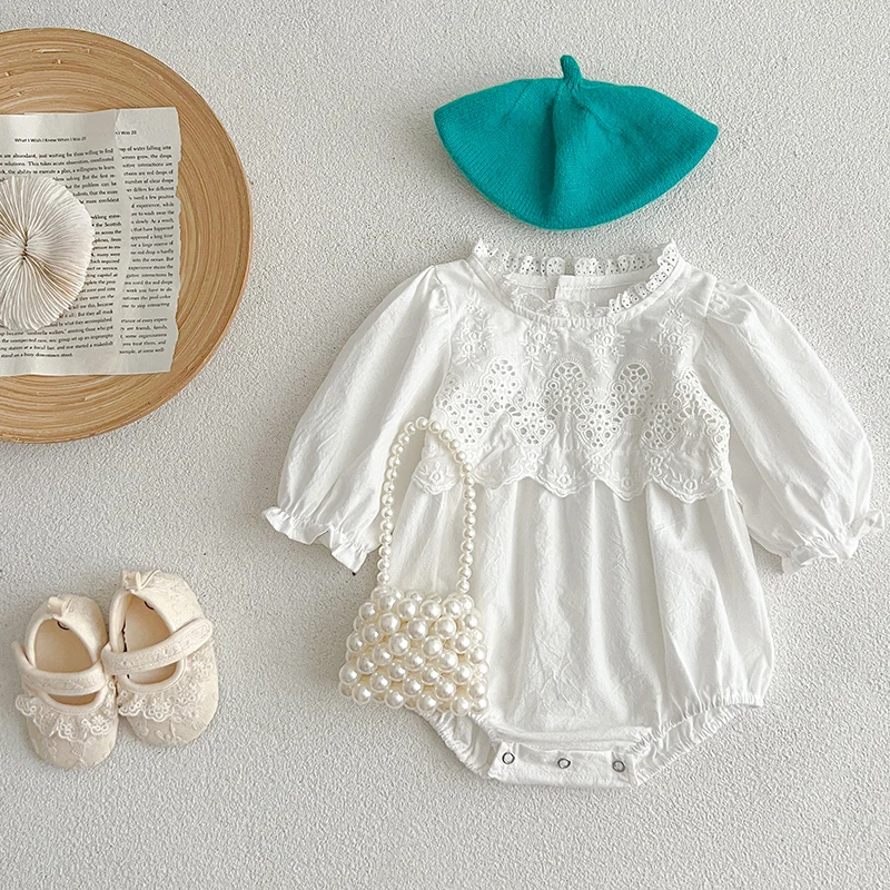 

Весенняя одежда 2024, комбинезон для новорожденных девочек, хлопковые детские комбинезоны с длинными рукавами и вышивкой, белая осенняя одежда для маленьких девочек