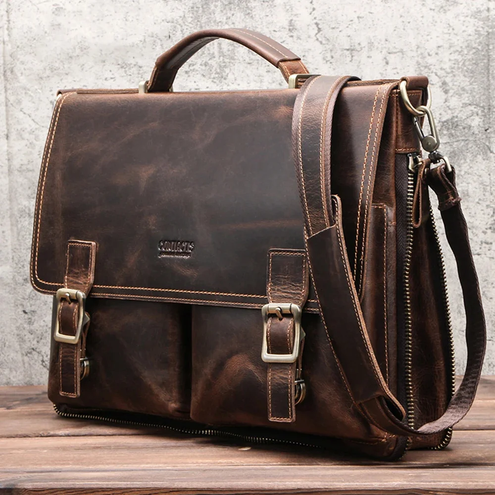 

Men Briefcase Bag Crazy Horse Leather Shoulder Messenger Bags Famous Brand Business Office Handbag for 14 inch Laptop