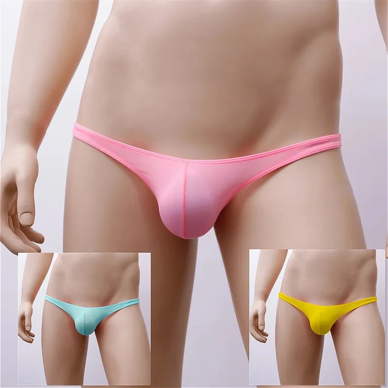 

Sexy Thong Men Underwear Ice Silk Pouch Bag Briefs Transparent Panties Ultra-thin Male Low Waist Swimsuit Tangas Sexis De Hombre