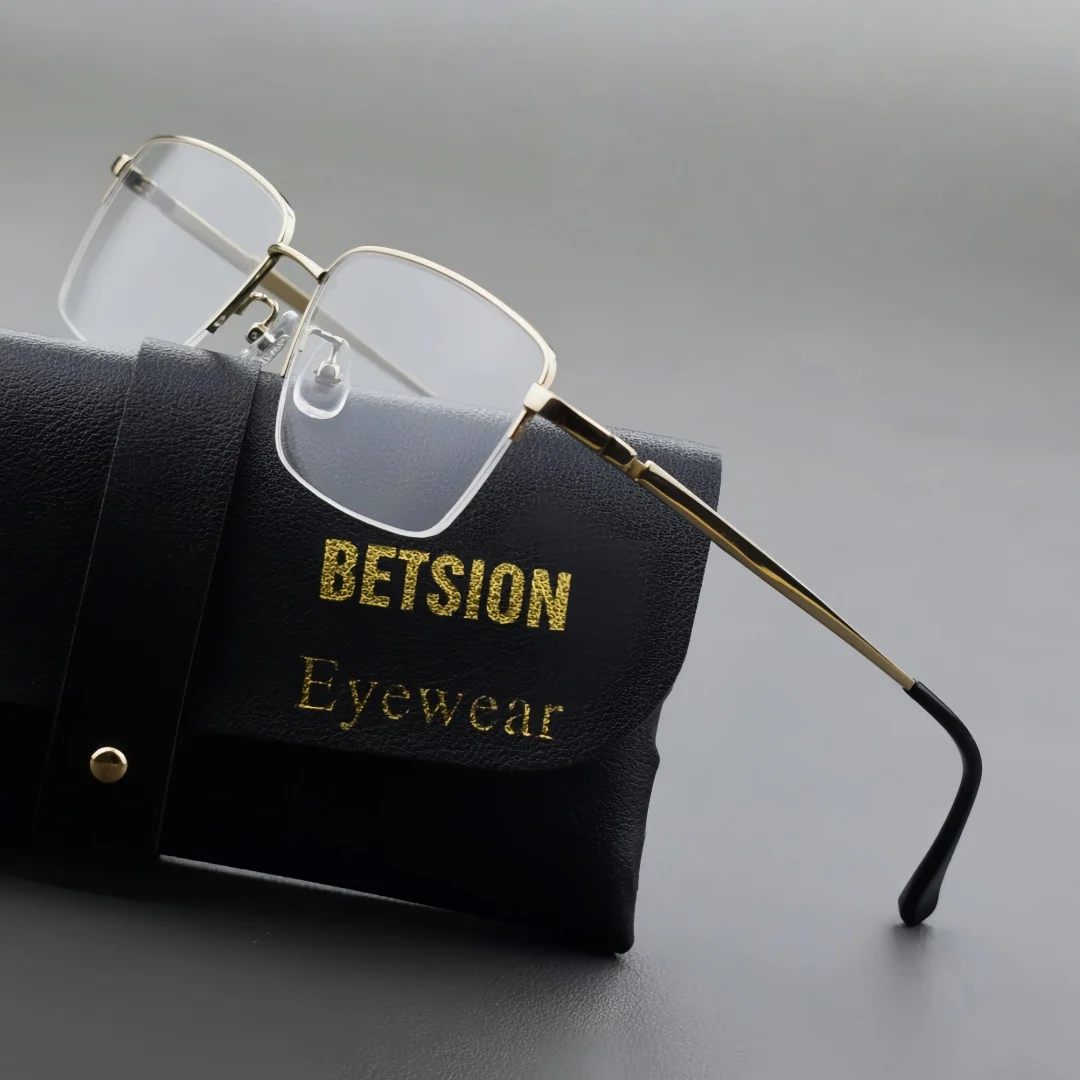 BETSION Retro Rectangular Titanium Eyeglasses Frame Men's Business Half Rim Spectacle Frame Fashion Casual Eyewear #5008