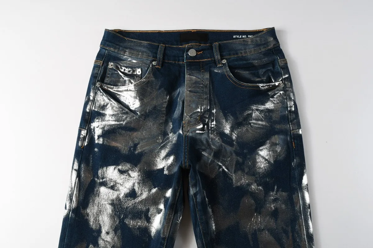 Men Jeans Fashion American High Street Distressed Retro wash Black Coated pattern Blank Stretch Skinny Button Ripped Jeans Pants
