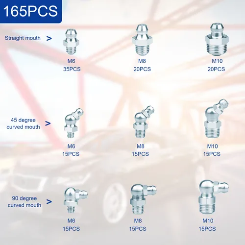 Imagen 2 del producto 165/90 Uds SAE y accesorios de grasa métrica surtido NPT 1/4 ""1/8"" M6 M8 M10 Kit de accesorios de grasa recto 45 pistola de engrase de 90 grados F