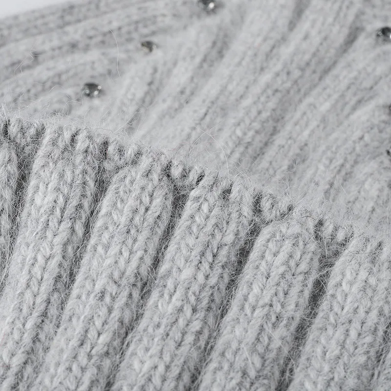 Fluffy Rabbit Hair Dominant Wool Blend Beanie Women Ribbed Rhinestone Knitted Winter Cap