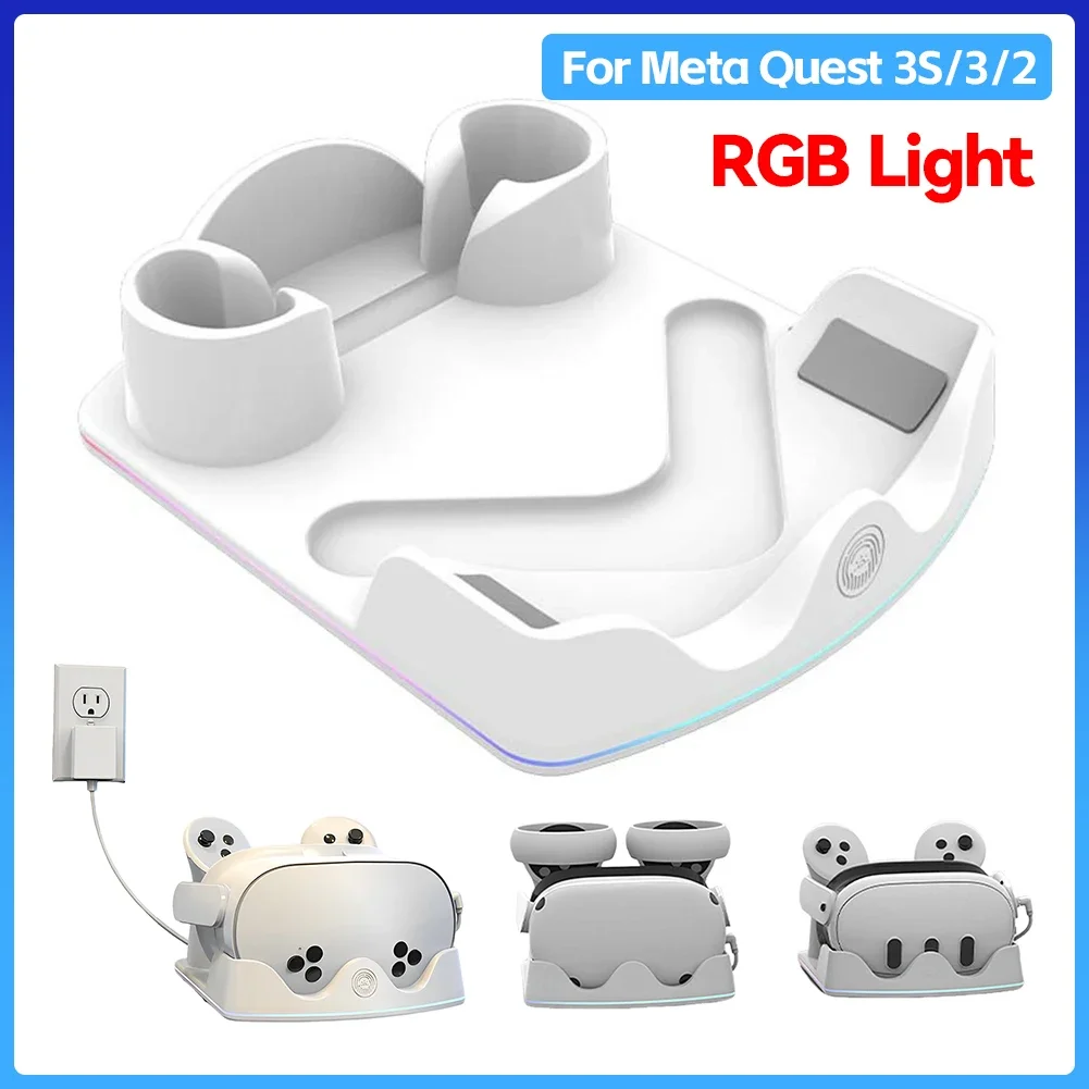 

Зарядная док-станция для Meta Quest 3S с RGB-подсветкой, подставкой для VR-гарнитуры и креплением для контроллеров для Meta Quest 3/2