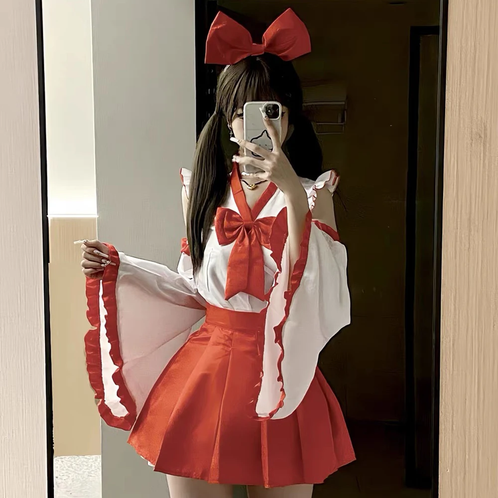 Vêtements de Cosplay de Sorcière Lolita Rouge et Blanc pour Femme, Haut et Jupe Courte, Uniforme Imbibé, Costume d'Halloween, Tenues de Mascotte