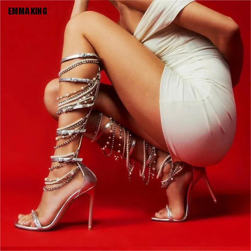 

2023 Summer Leather Buckles Women Knee High Sandal Boots Open Toe Ladies High Heel Sandal Fashion Gladiator Shoes Party Shoes 44