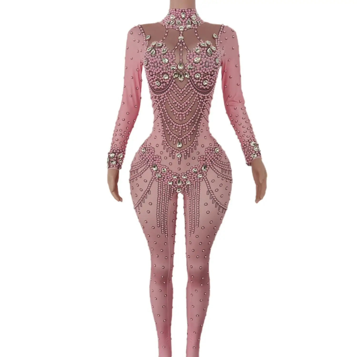 

AWAWOHO Sparkly Crystals Pink Jumpsuit Stretch Stones Outfit Celebrate Rhinestones Bodysuit Costume Female Singer Birthday Feng