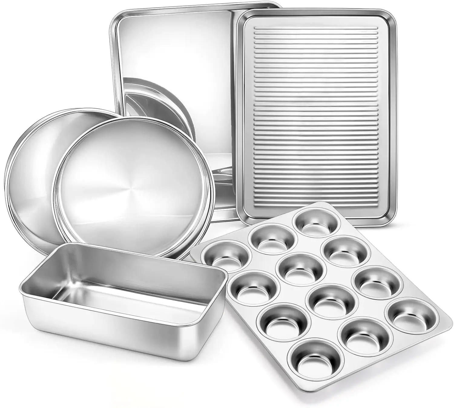

6-Piece Stainless Steel Bakeware Set for Oven, Includes Cake Pan, Cookie Sheet, Muffin & Loaf Pans, Non-Toxic & Dishwasher Safe