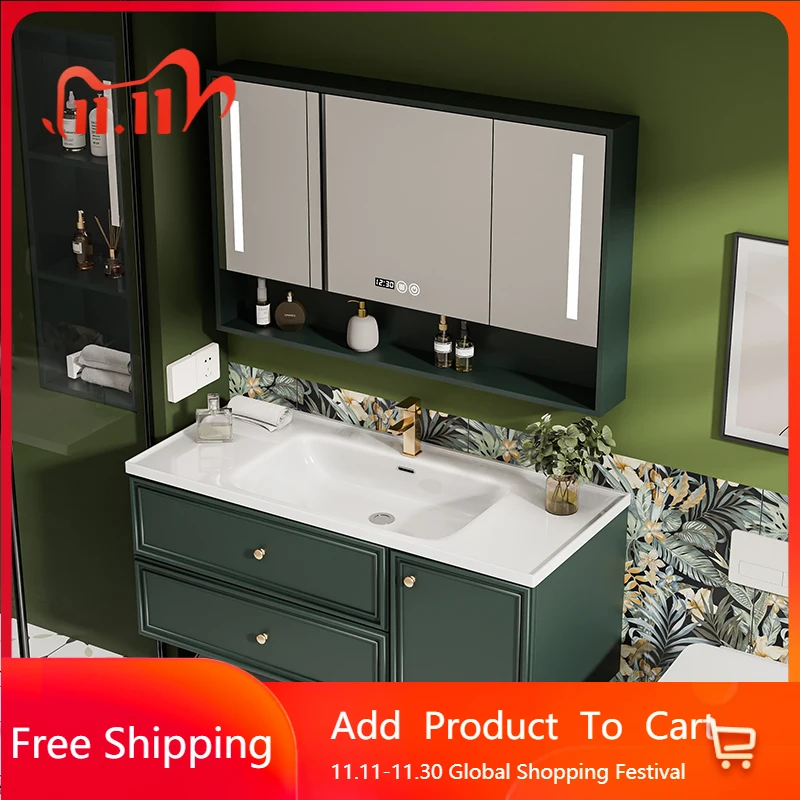 French Dark Green Bathroom Cabinet Combination Excellent Ceramic Cabinet Integrated Basin Rock Basin Banyo Dolabi Furniture