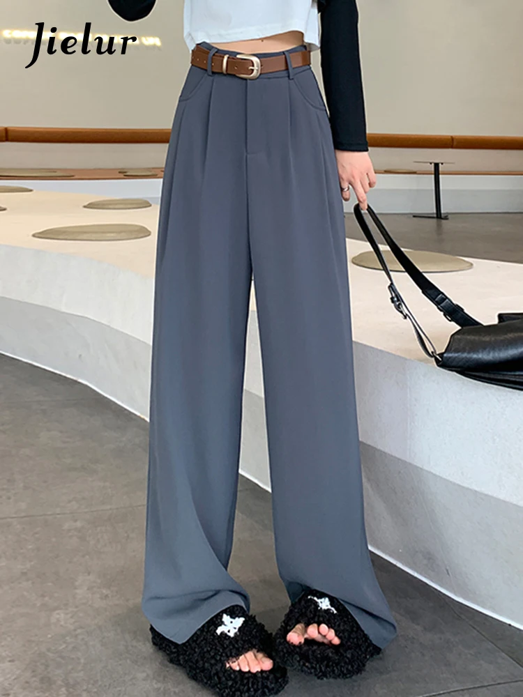 

Jielur New Pleated Straight Belt Female Wide Leg Pants High Waist Solid Color Fashion Office Lady Chic Zipper Pocket Women Pants