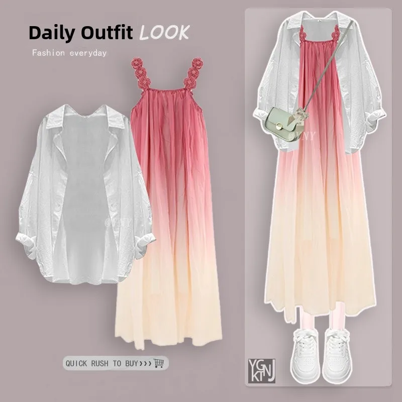 Gradual Ruffle Strap Dress Women Summer 2026 Lazy Style Design Thin Shirt Matching Mid-Length A-Line Skirt Casual Chic
