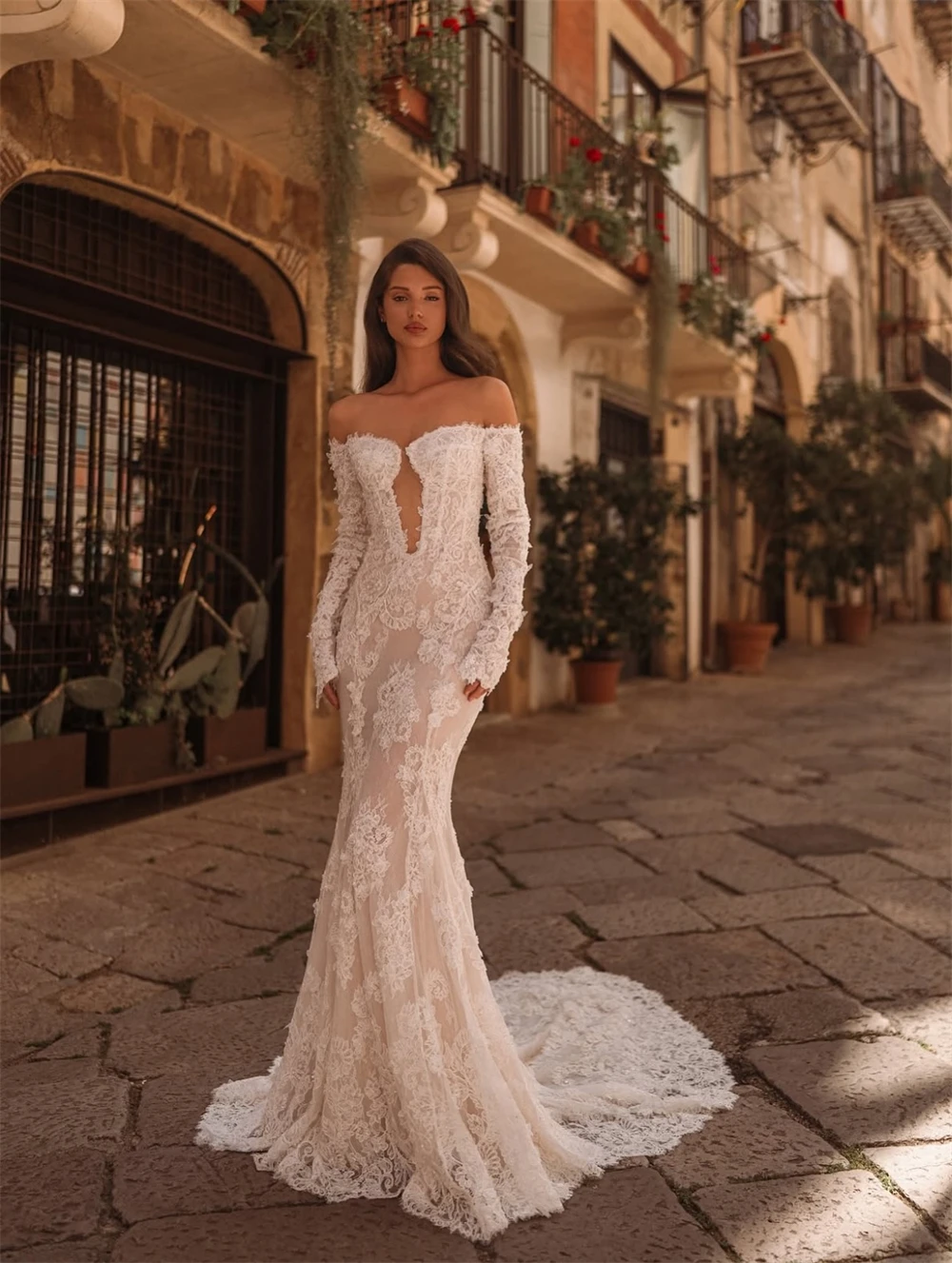 

Customized Boho White Lace Wedding Dress Formal Sweetheart Long Sleeves Bridal Gowns Dreamy Mermaid Court Train Vestido De Novia