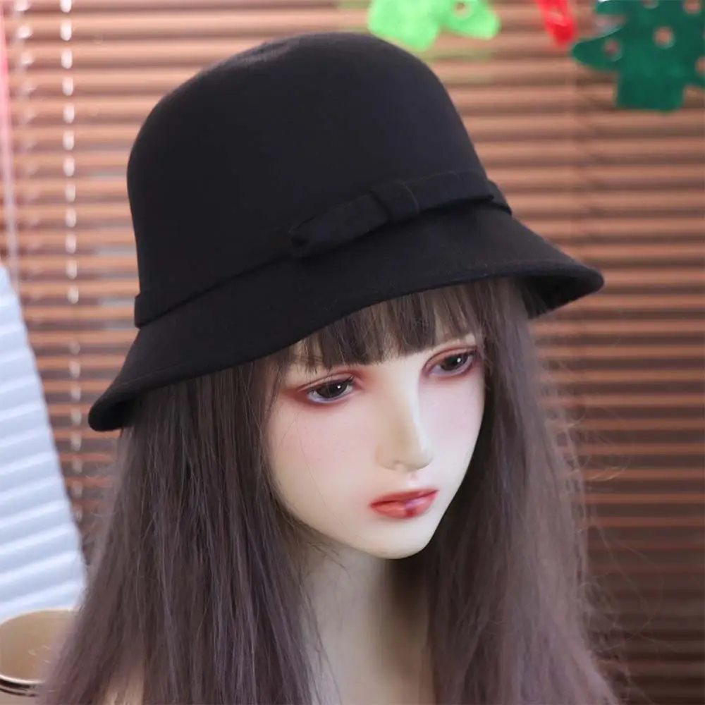 Fashion French Style Bow Tweed Hat Solid Color Autumn Winter Women's Bow Hat Bucket Cap Elegant Felt Bowler Hat Lady