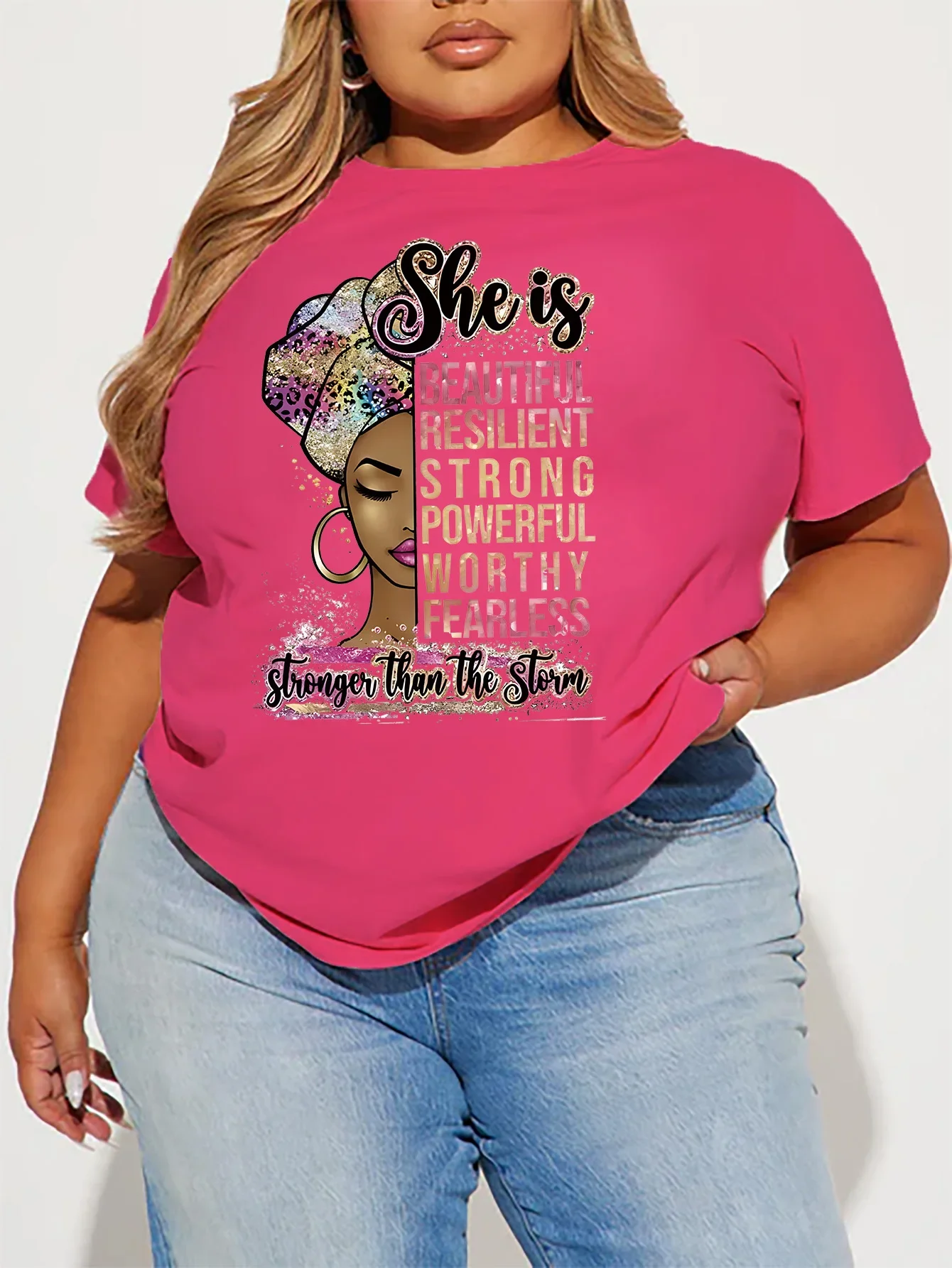 Summer Women\'s Casual Short-sleeved 7-color Round Neck T-shirt Printed Graphics Headshot Letters SHEIS Plus Size Women\'s T-shirt