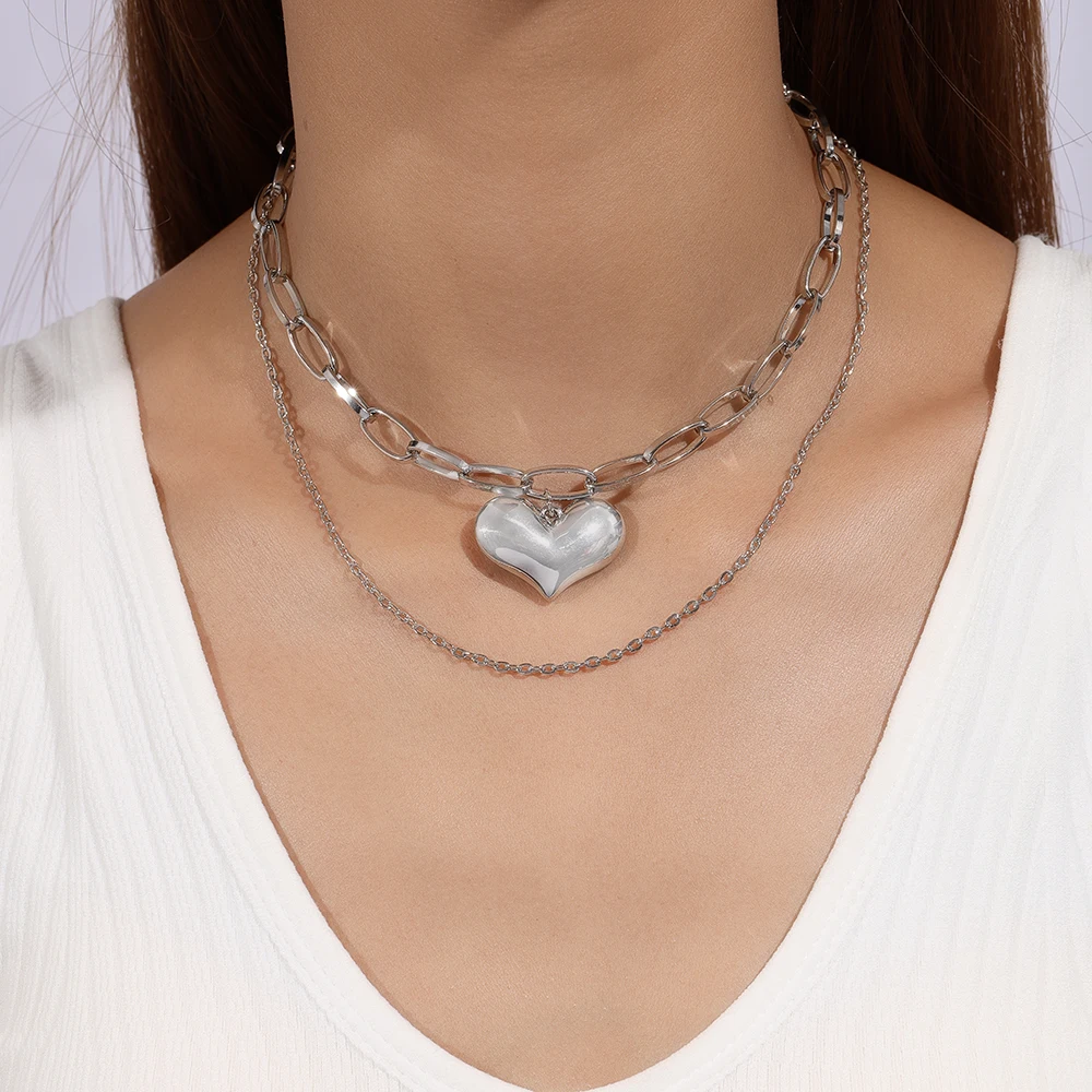 

2pcs Silver Color Alloy Love Heart Necklace Pendant for Women Girls Choker Necklace Chain Party Holiday Jewelry Gift