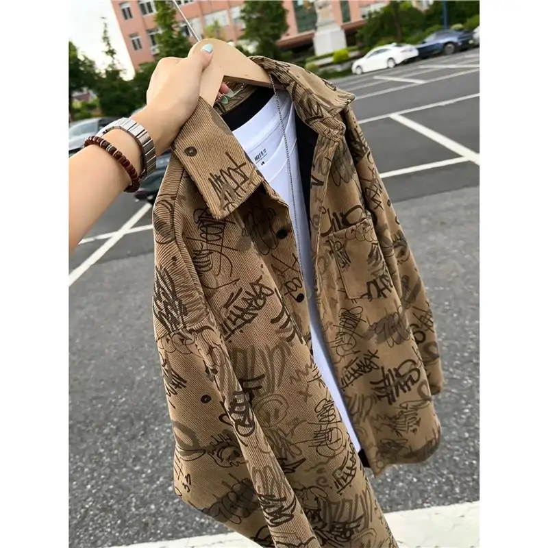 Loose Fit Casual Style Dyed Long Sleeve Men's Shirt Printed Collar Graffiti Design Ice Silk Fabric Regular Length Button up