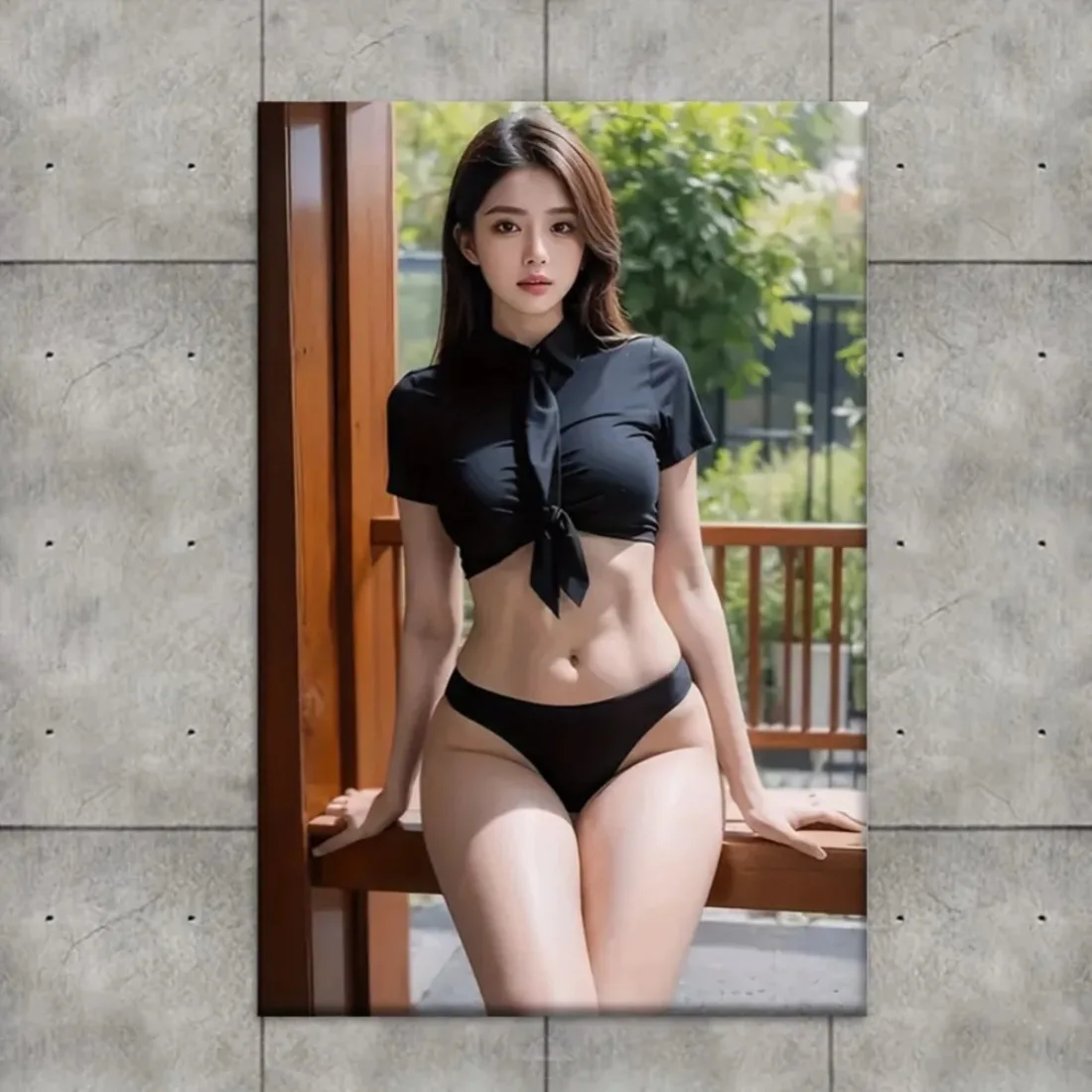 HD Metal Tin Sign Gorgeous Asian Girl in Black Crop Top & Bikini Outdoor Retro Metal Wall Art for Home Decor 8x12 Inch