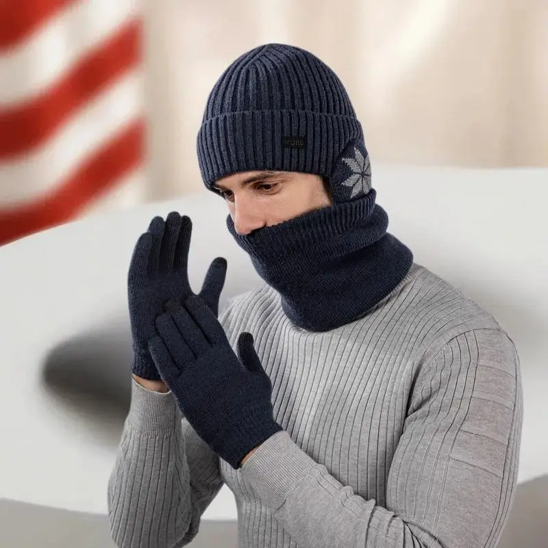 الشتاء الدافئة رشاقته قبعة وشاح وقفازات مجموعة رجالي الحراري صوف مبطن مترهل قبعة الرقبة الأوشحة قفازات 3 في 1 مجموعة دافئة #4