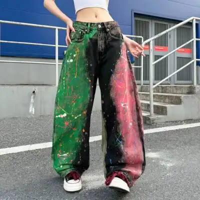 Graffiti Washed American Style Knife Jeans Women's Straight Leg Loose Fit Trendy Black Denim Wide Leg Pants Casual Wear