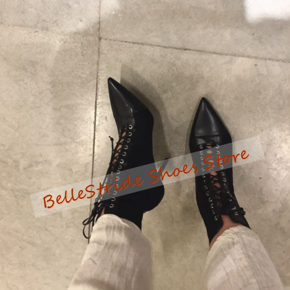 블랙 포인티드 토 레이스업 부츠 무광 가죽 여성 신발 스틸레토 하이힐 파티 연회 데이트 2025 여성용 신발