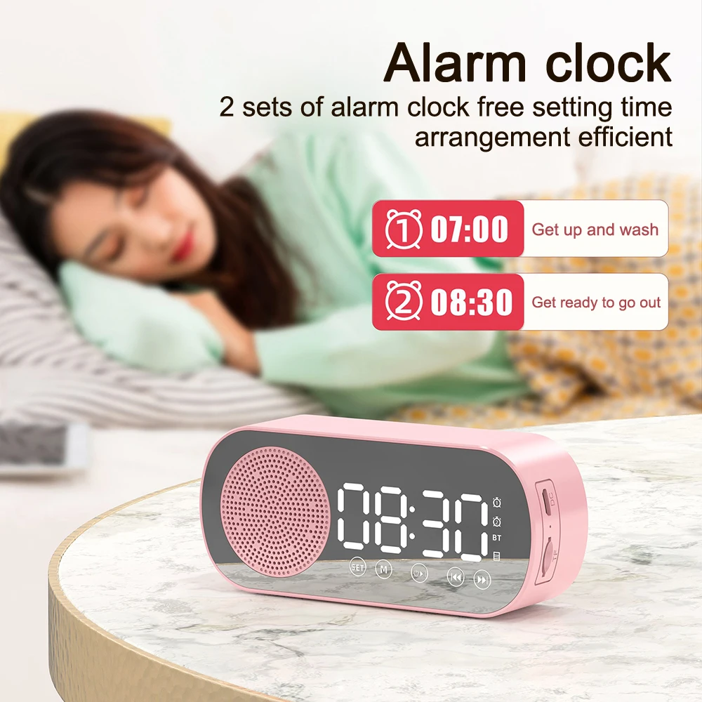 Digital Alarm Clock Wireless Bluetooth Speaker FM Radio Sound Box Bass Subwoofer Desktop Music Player Mini Mirror Digital Alarm