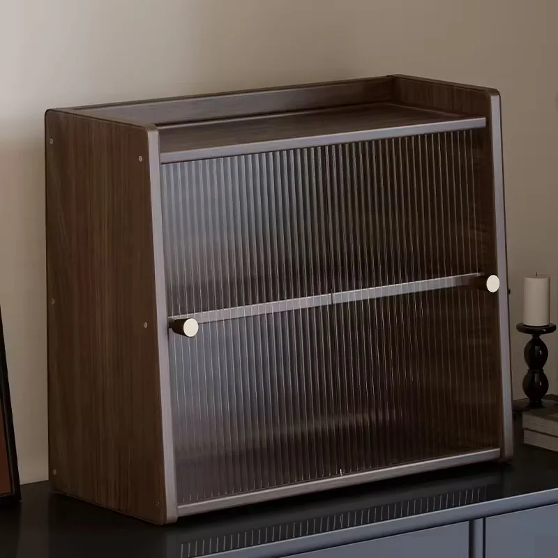 Walnut Countertop Storage Cabinet Cupboard with Glass Doors Compact Kitchen Organizer Close at Hand on Counters - view 5