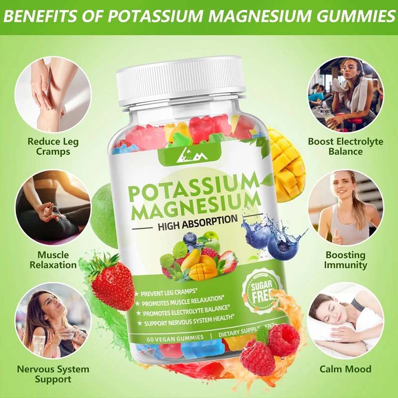 Adult and children's potassium magnesium supplement gummies support leg spasms and muscle and immune health