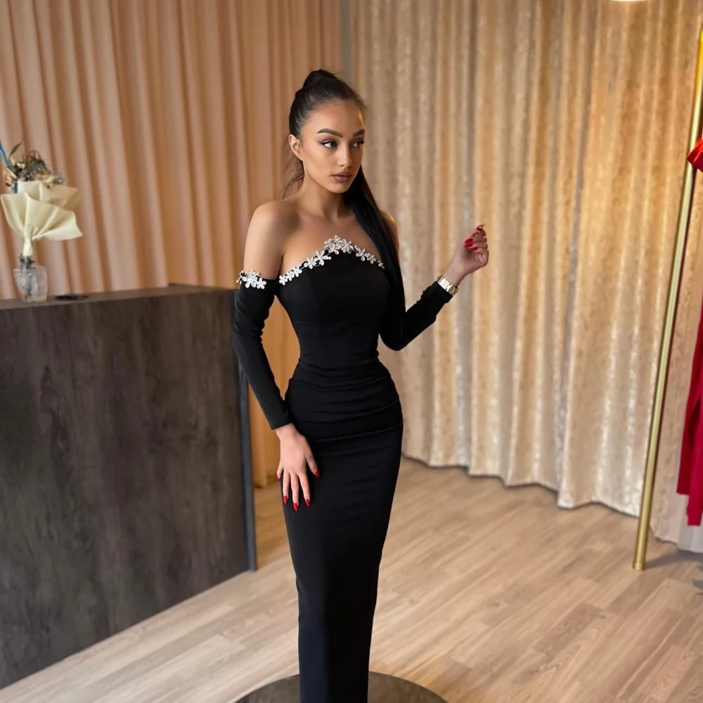 Amanda Customized Black Flowers Decoration robes de soirée Chiffon Party Dresses Long Sleeve Mermaid Floor-Length Prom Dress