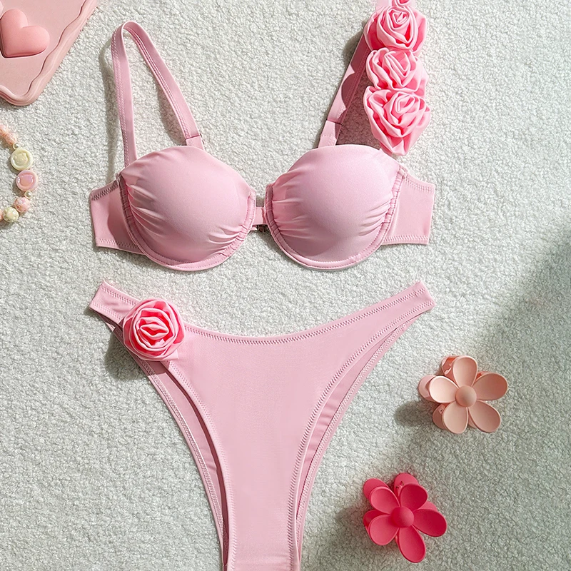 

Stylish Women Sexy Solid Color Floral Underwire Push Up Bikini Set Two Piece Fashion Ins Swimwear Beachwear for Summer Vacation