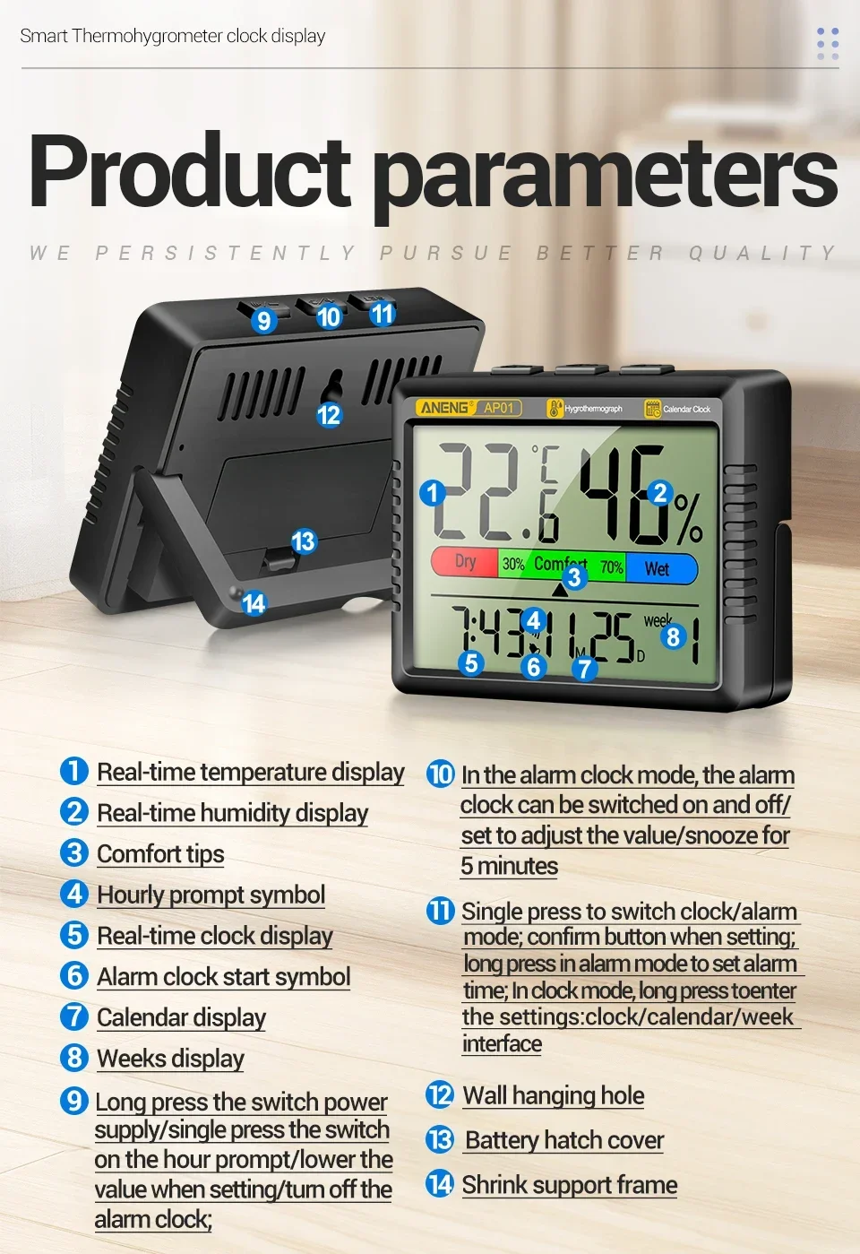 ANENG AP01 LCD Digital-Thermo-Hygrometer, elektronische Innenuhr, Multiszenenmessung, Lufttemperatur-Hygrometer, Testwerkzeuge – Detail 9