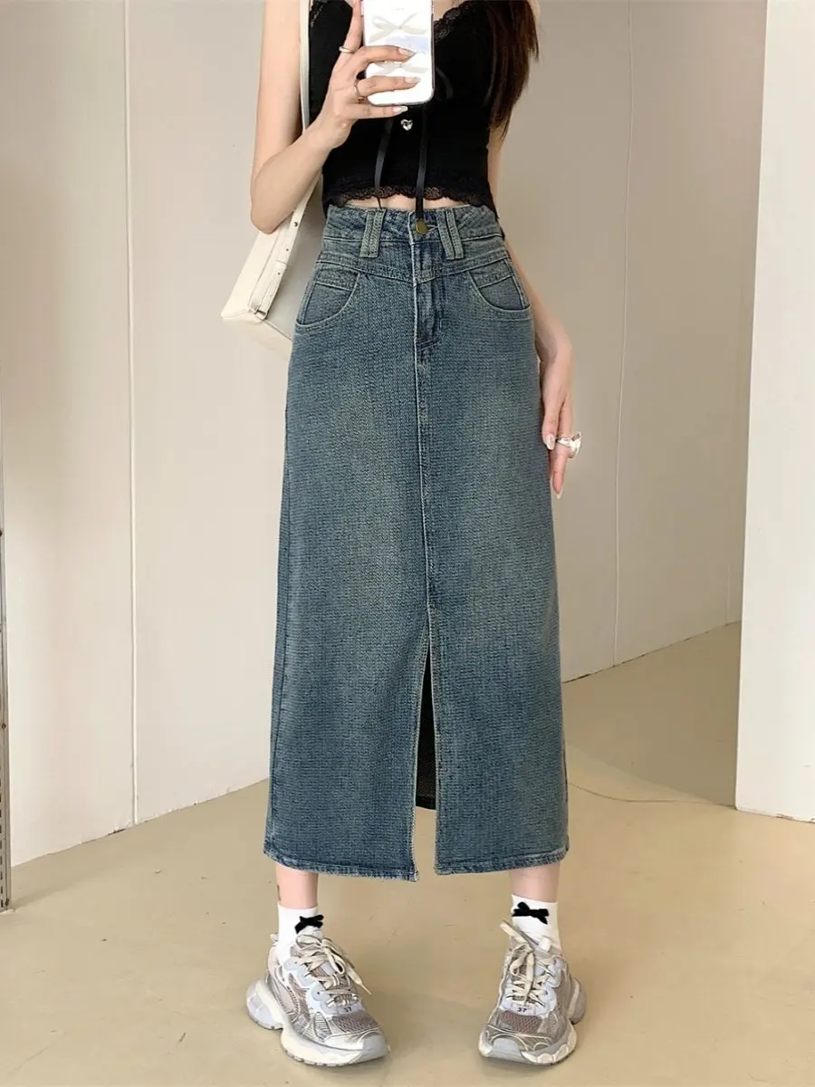 2026 Summer New High Waist Denim Skirts Women's Oversized Korean Style Vintage Split A-Line Skirt Fashion Versatile Jean Skirts