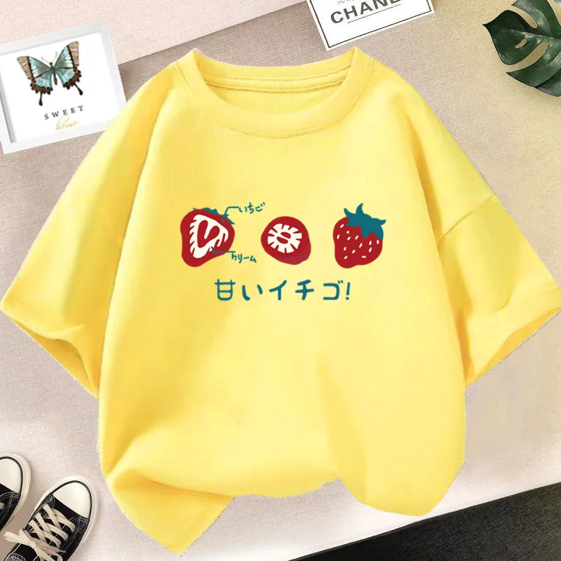Kids Strawberry Printed Short-Sleeved Summer Fashion T-Shirt Summer Loose Korean Style Vintage Fruit Top for Children Tops
