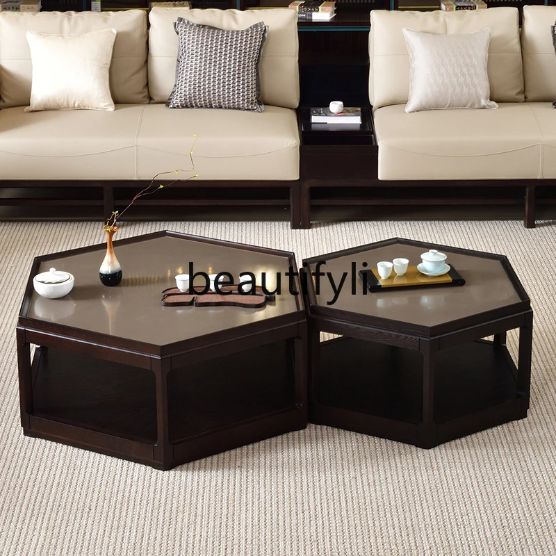 Special-shaped coffee table size combination double-layer mother and child simple living room home big new Chinese solid wood