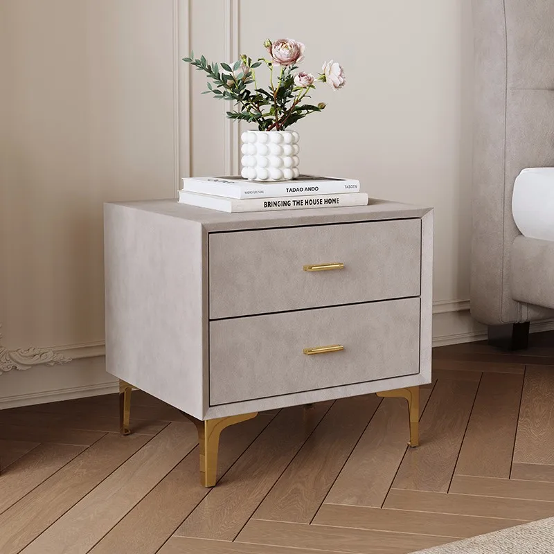 Minimalist Upholstered Nightstand White Bedside Cabinet with Soft Pack  Metal Legs 2 Drawer Storage Furniture