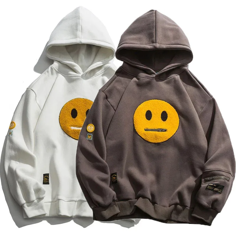 Spring Zipper Pocket Smile Face Patchwork Fleece Hoodies Sweatshirts Streetwear Mens Hip Hop Casual Pullover Hooded Male Tops