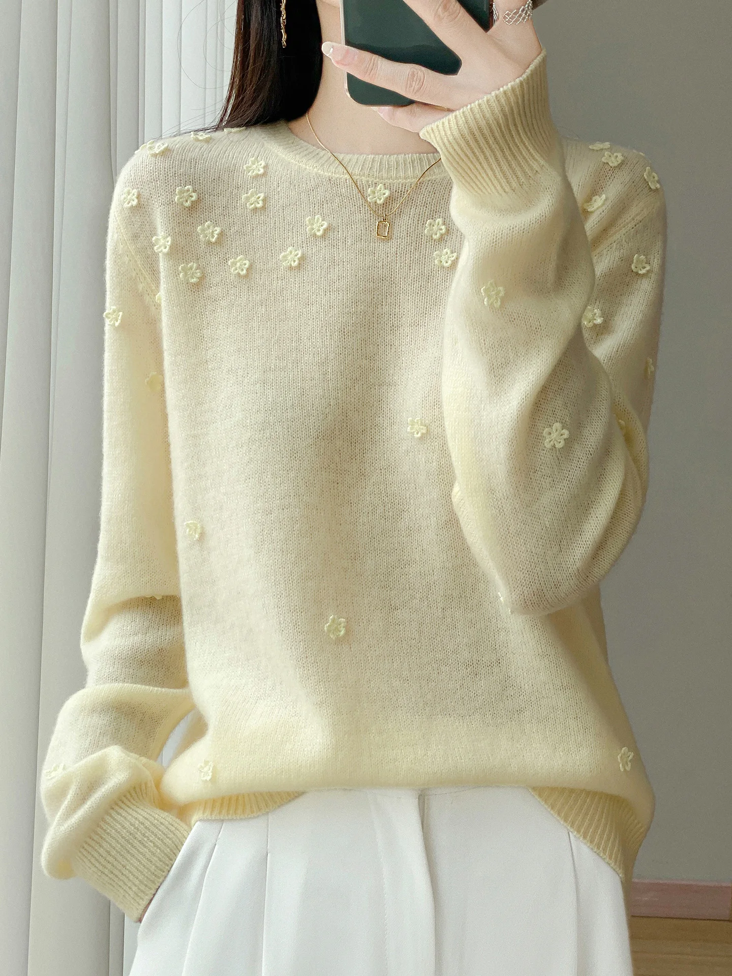 

Осенний новый флоoret всего тела, 100% кашемировый свитер, женский модный пуловер с круглым вырезом внутри.