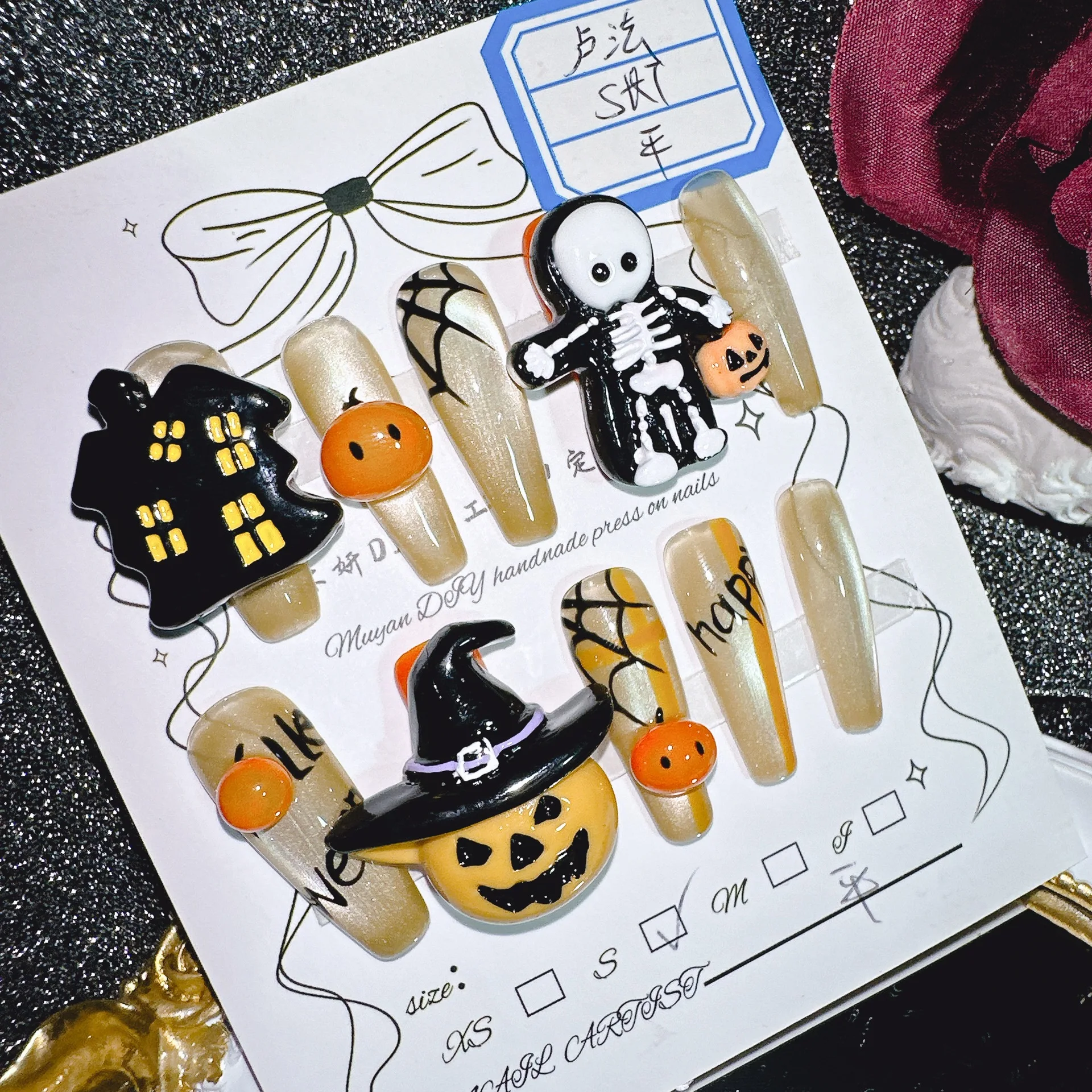 

Хэллоуин мультфильм панк пресс на ногтях с 3D тыквенным скелетом несколько размеров оранжевый черный тыквенный скелет дом с привидениями Des