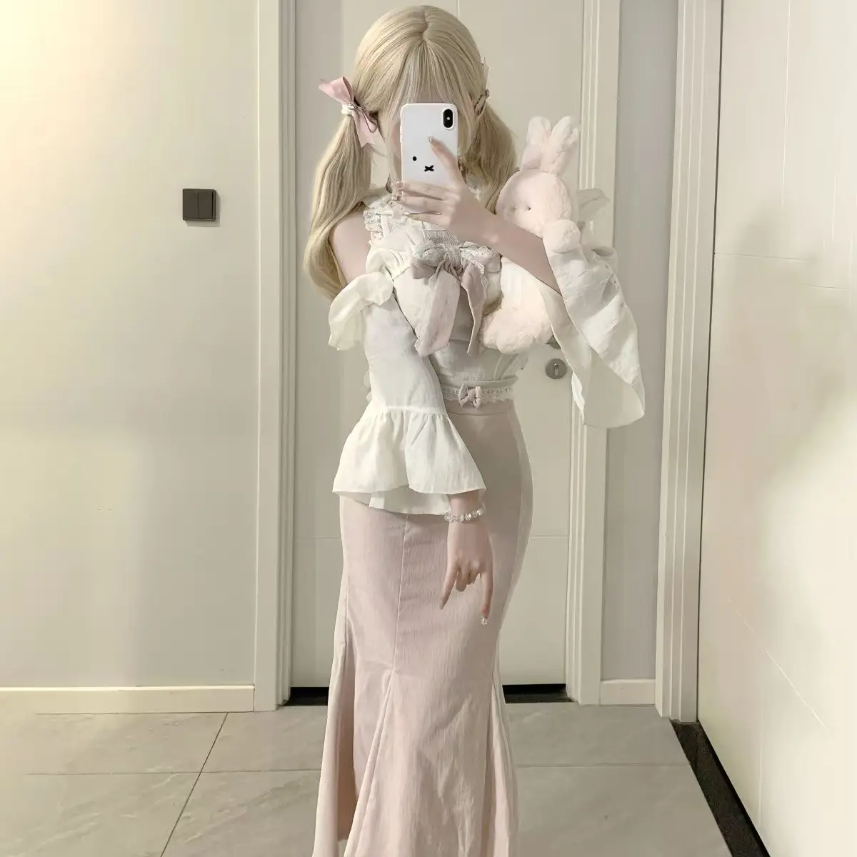 بلوزة نسائية بقصة ضيقة مع فيونكة مكشكشة كورية Y2K أنيقة يابانية على طراز لوليتا الحلو مع تنورة ميدي للحفلات الوردية