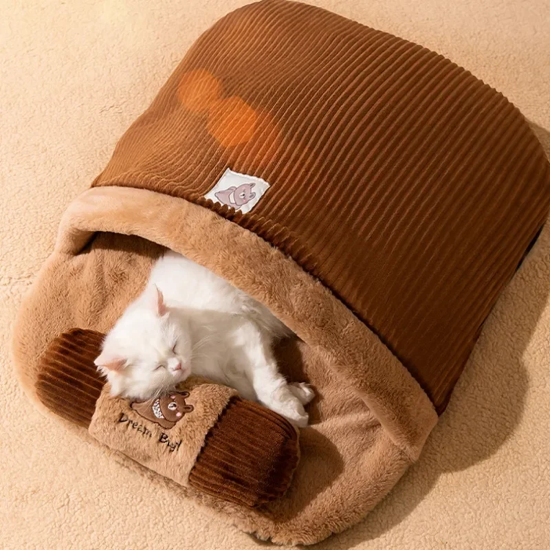 

New Cat Bed Winter Removable Warm Half Closed Pet Sleeping Bag Dog Bed House Cats Nest Cushion with Pillow