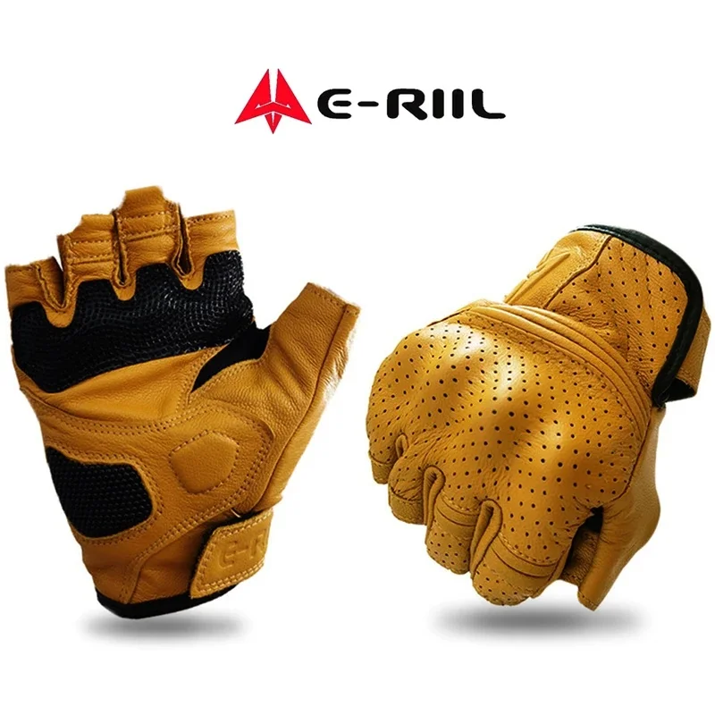 Perforated Leather Half Finger Motorcycle Gloves Men Breathable Anti‑Impact Fingerless Moto Glove Shock‑Absorb Protective Items