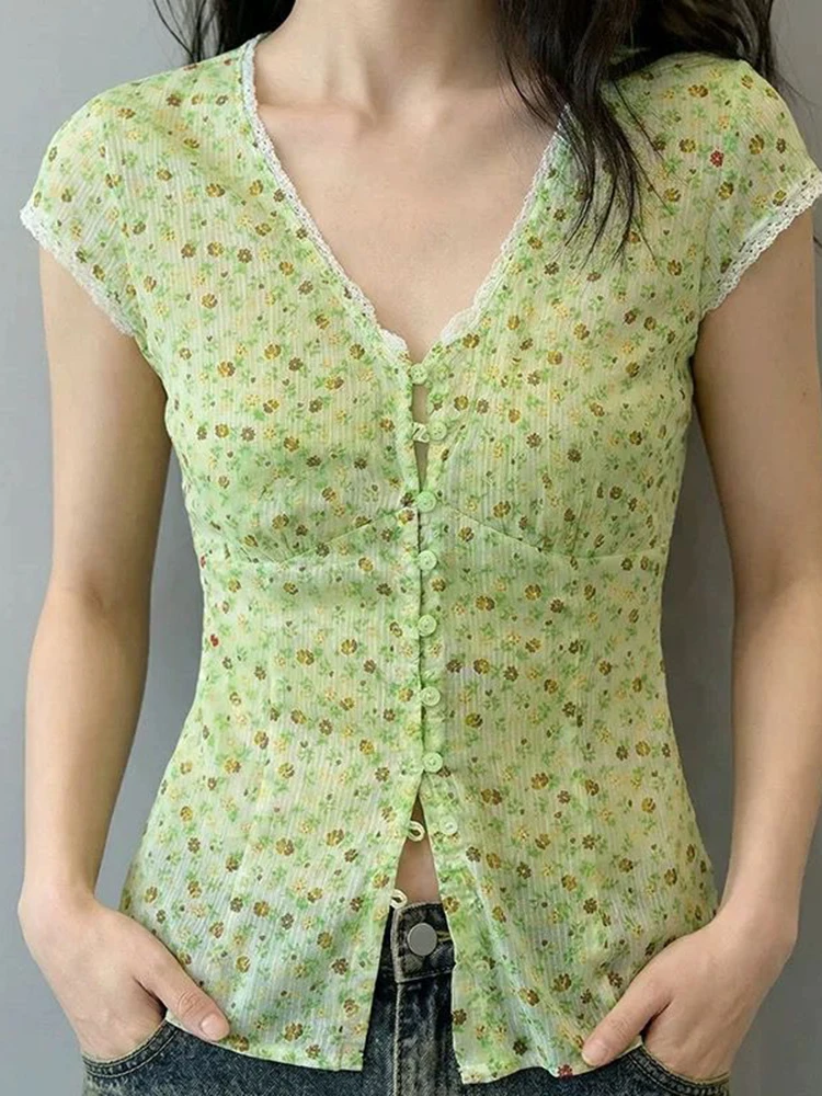 V Neck Slim Floral Blouse Women Vintage Sweet Short Sleeve Summer Shirt American Retro Casual Streetwear Lace Patchwork Tops - view 6